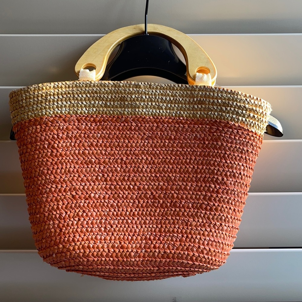Straw Tote Bag Beach, Doble handle button in closure